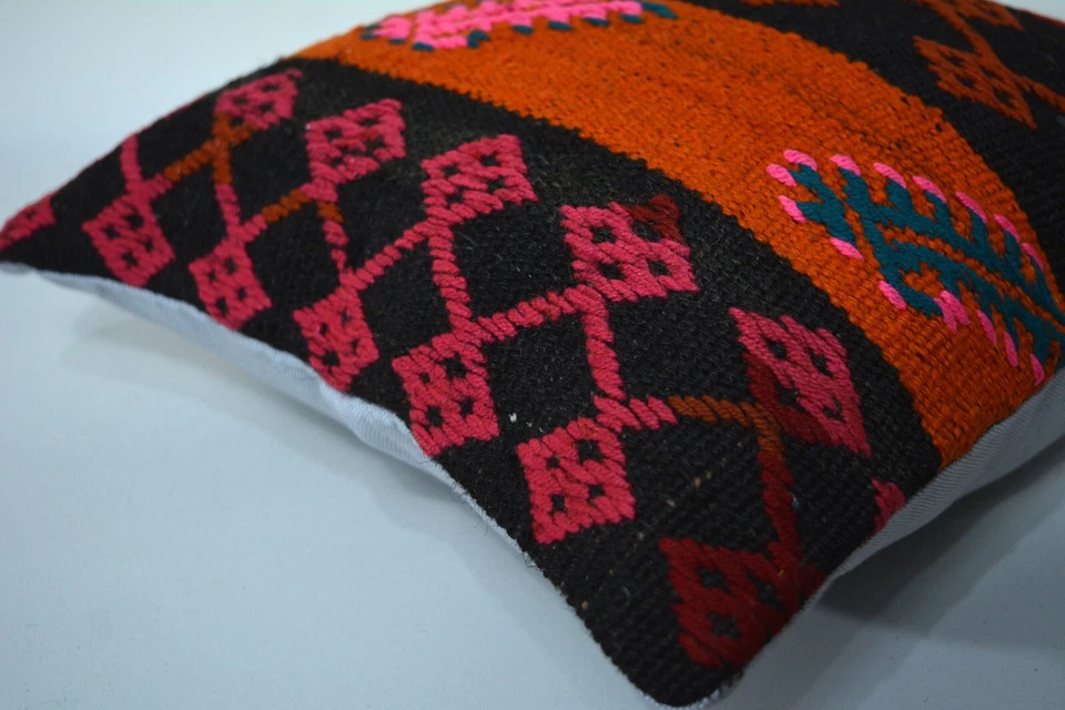 Traditional Hand Knotted Kilim Pillow, 16x16in, Antique Multicolor Retro Pillow - Image 2 of 4