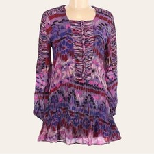Anthropologie Chloe Oliver Boho Watercolor Mini Dress XS Purple Pink L/S