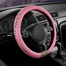 D-Type Steering Wheel Cover - Made with PVC Leather and Leopard Fabric - Pink