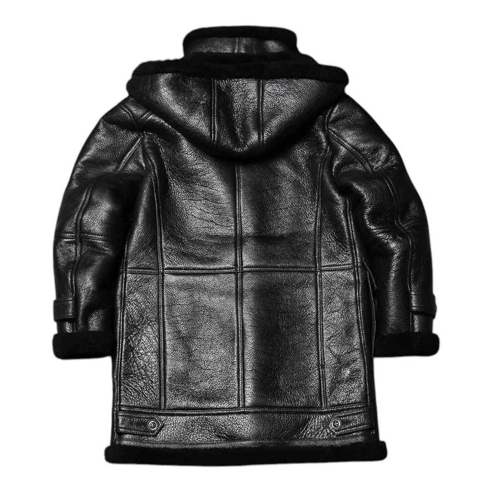 Men's Leather Sheepskin Duffle Coat Black / Black Fur Hooded 100% Shearling Ivar - Image 4 of 4