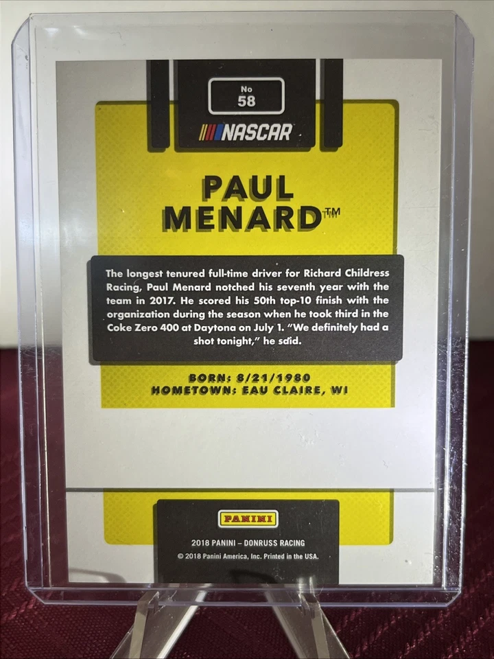 2018 Panini Donruss NASCAR - Paul Menard #58 Press Proof Silver /99 - Image 2 of 2