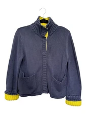 moda international Purple knit cardigan with yellow accents Size L high collar