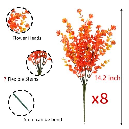 8 Paquetes Flores Artificiales Otoño Exterior Flor Falsa Plástico UV Naranja - Imagen 2 de 7