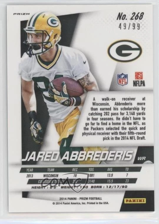 2014 Panini Prizm Light Blue Wave Prizm /99 Jared Abbrederis #268 Rookie RC - Image 2 of 2