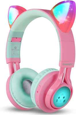 Riwbox CT-7 Cat Ear Bluetooth Headphones Pink/Green Wireless LED Light Over Ear