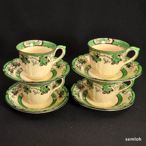 Mason's Ashworth Set of 4 Cup & Saucers 1891-1923 Patent Ironstone Green Silver