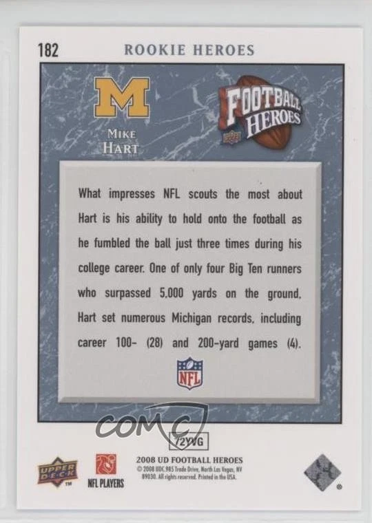 2008 Upper Deck Football Heroes Blue /125 Mike Hart #182 Rookie RC - Image 2 of 2