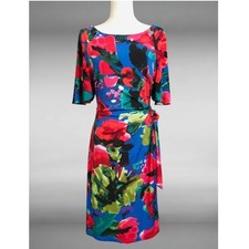 Tahari Watercolor Floral Side Tie Sheath Dress Flutter Sleeve Stretch Size 4