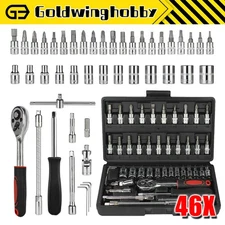 Socket Ratchet Wrench Set (46X) Metric Sae Spanner Car Repair Tool Kit 1/4"Drive