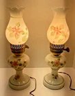Vintage Hurricane White Milk Glass Lamps Hand Painted Flowers on Base & Chimney
