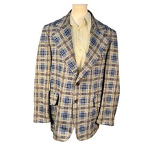 Vintage 70s Tan Powder Blue Check Leisure Suit Warm Weather Blazer 44"
