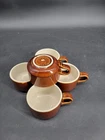 Vintage USA Bird Stamp 5pc Wide Mouth 12oz Heavy Mug Set Brown Glaze Embossed
