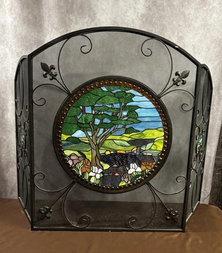 Vintage Tiffany Stained Glass Fireplace Screen 3-Panel Wrought Iron 49” x 32.5”