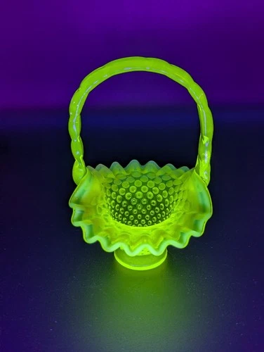 Vintage Fenton Vaseline topaz Opalescent Hobnail glass Mini Basket Glows