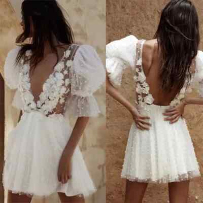 Mini Short Wedding Dress Deep V-Neck Half Sleeve Beaded Lace Flower Bridal  Gowns | eBay