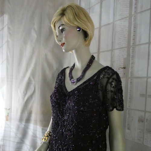 GLAMOUR Oleg Cassini Dress Sz 10 Formal Beaded Purple Evening Gown Short Sleeves - Picture 7 of 12