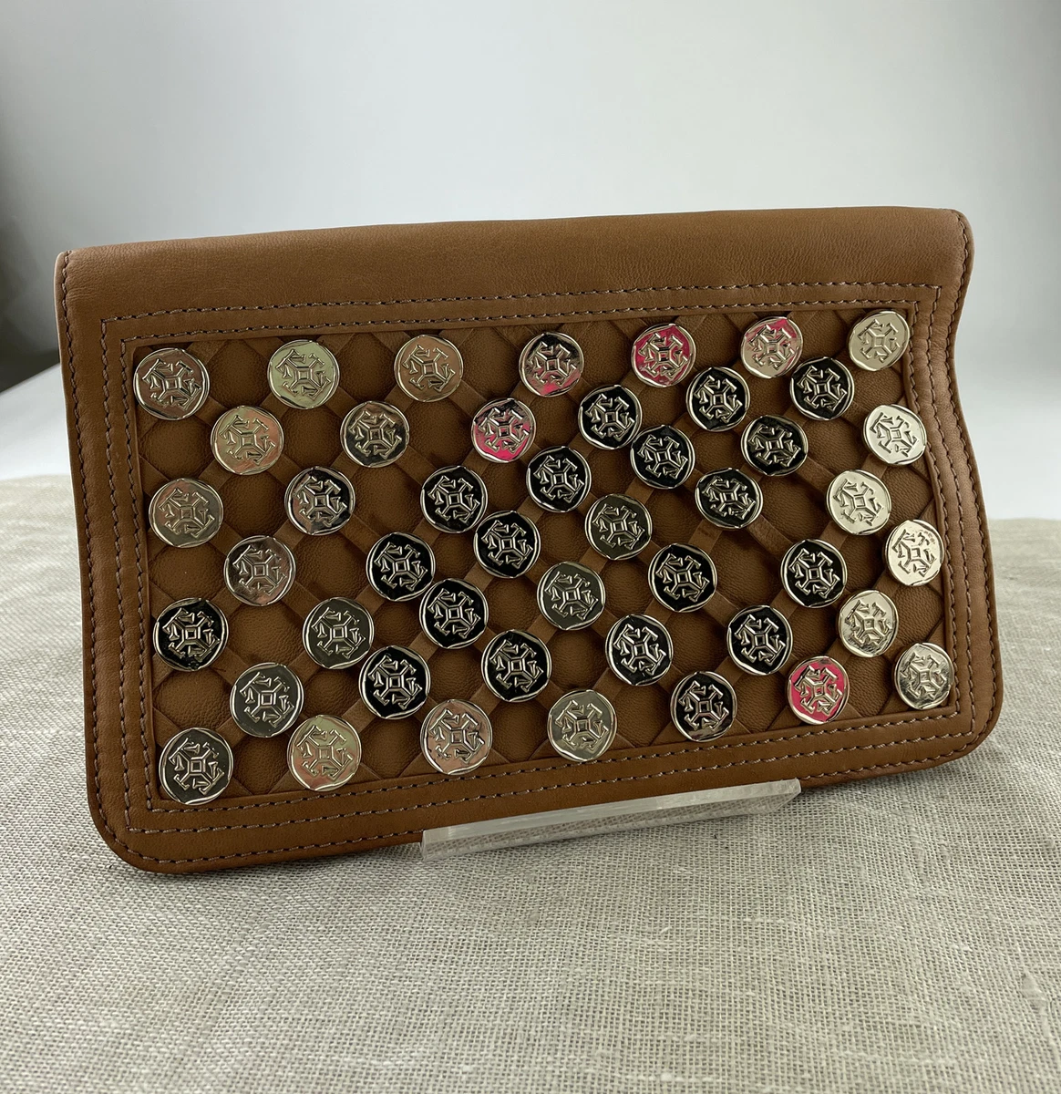 Temperley London Tan light brown Leather Clutch bag purse w Gold Coins