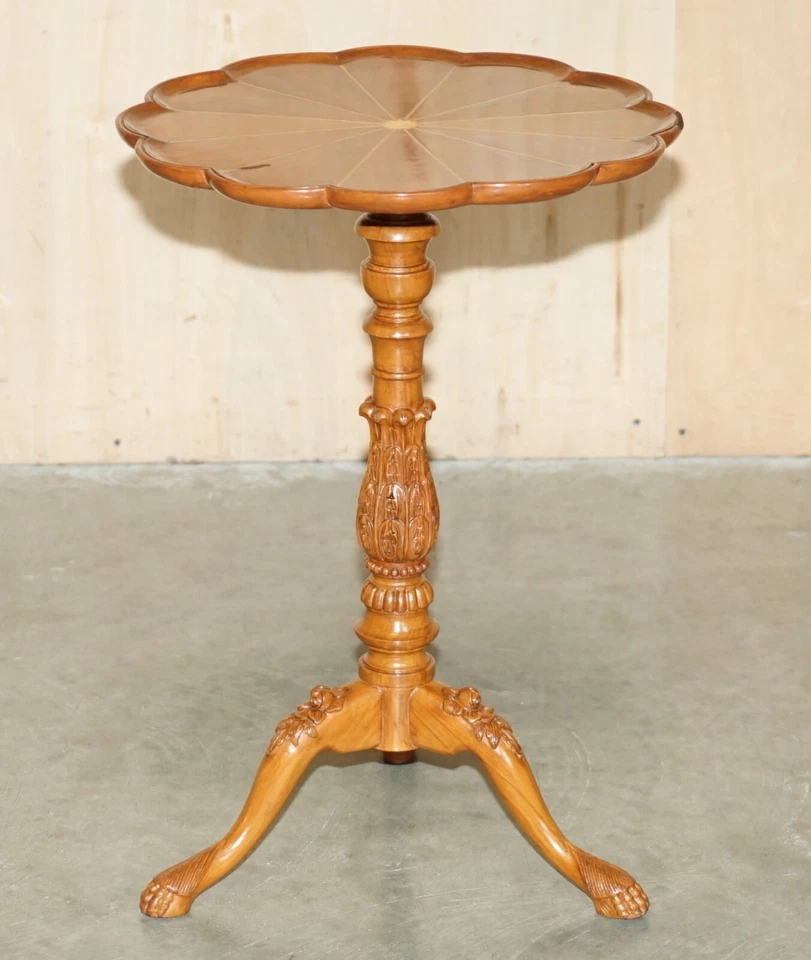 A MUST SEE VINTAGE ORNATELY HAND CARVED TRIPOD SIDE TABLE IN SATINWOOD & WALNUT - Image 2 of 4