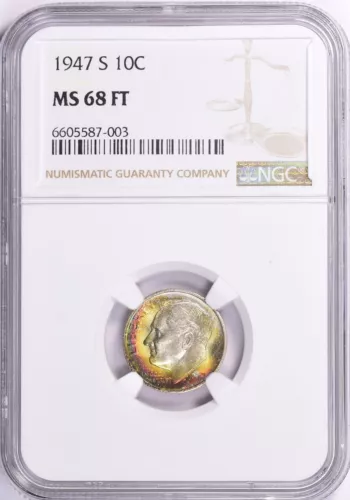 1947 S Dime NGC MS68FT Full Torch Rainbow Toned $1600 Greysheet Bid W/O Color