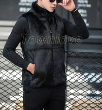 Men's Real Whole Rabbit Fur Vest Winter Warm Coat Jacket Pocket Black Waistcoat
