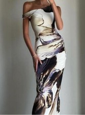Women's New Simple printing temperament sloping shoulders Slim fit long dress