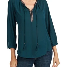 DR2 By Daniel Rainn Tassel Tie Peasant Boho Top Blouse Women's Medium Blue Green