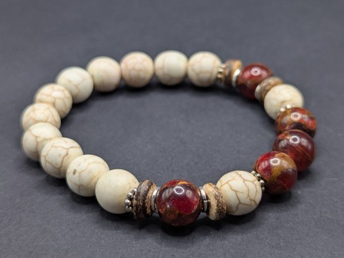 Women's Stylish Red Stone, Howlite 10mm Beaded Stretch Bracelet (17cm) S/M Wrist - 第 9/14 張圖片