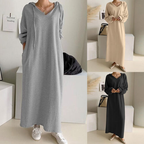 Plus Size Women Hooded Sweatshirt Dress Ladies Hoodie Jumper Maxi Long Dresses