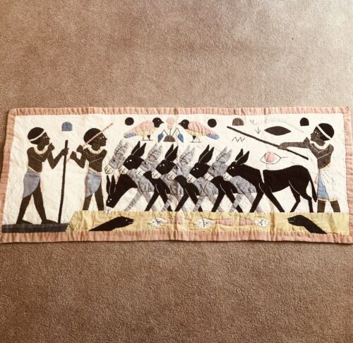 Tapestry Handstitched Khayamiya Appliqued Wall Hanging Egyptian Men Donkeys 42" - Picture 2 of 10