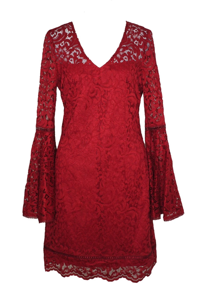 WHITE HOUSE BLACK MARKET 2 Dress Cranberry Red Lace Long Bell Sleeve V Neck