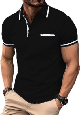 Men's Short Sleeve Polo Shirt Slim Fit Color Block Golf Tee with Pocket