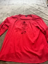 Lane Bryant Top Womens 22/24 red long sleeve lace drawstring closure V-Neck