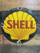 VINTAGE PORCELAIN OLD SHELL SIGN 12” GAS PUMP PLATE MOTOR OIL COMPANY AUTO PARTS