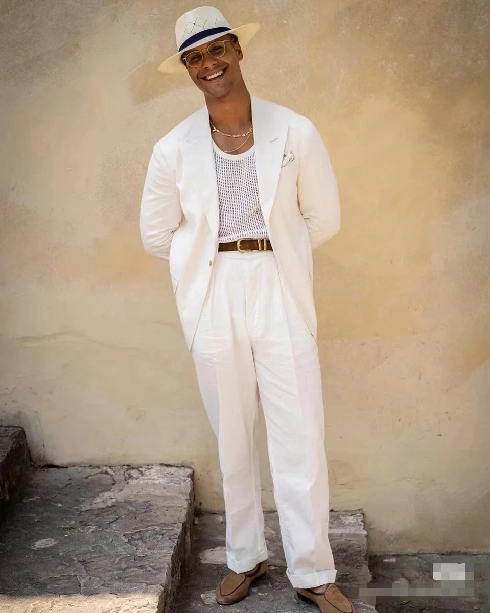 White linen suit store wedding