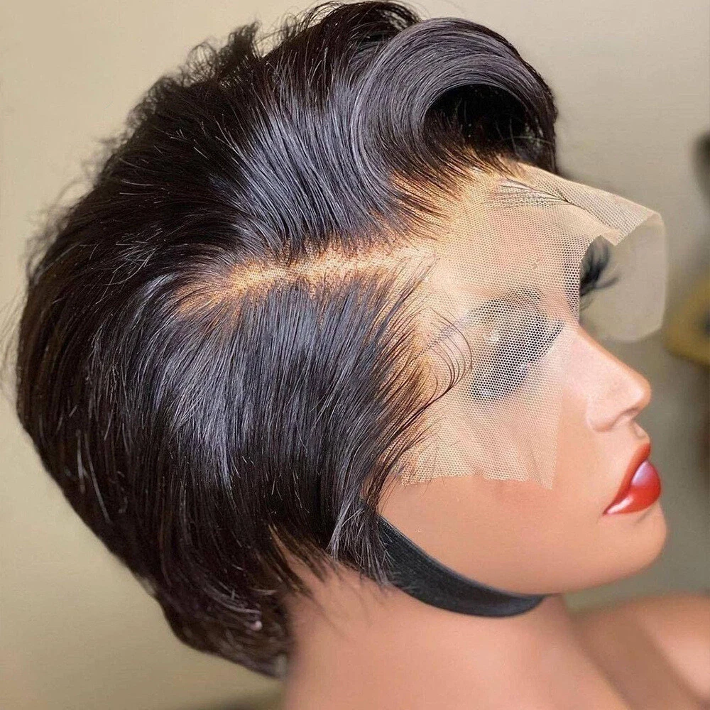 Women Human Hair Pixie Cut Lace Front Short Wigs Boy Cut Heat