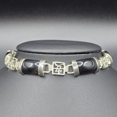 Vintage 925 Sterling Silver Black Onyx Panel Link Bracelet Chinese Symbol 7.5