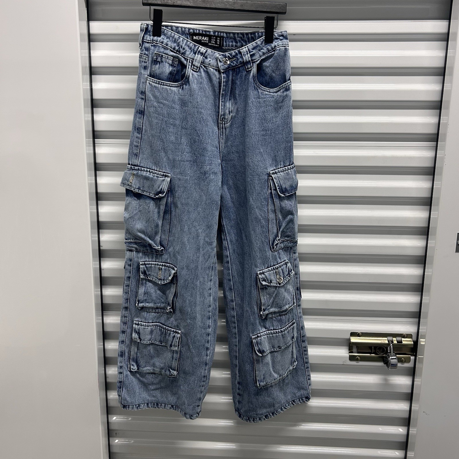 MERAKI DENIM Women's Parachute Cargo Jeans Baggy Wide Leg Y2K Pockets Size 06