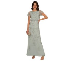 Adrianna Papell Beaded Sequin Gown 8 Aqua Blue Flutter Sleeve Blouson NWT 169