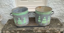 Pair of large Vintage Galvanised Planters Hand painted Topiary
