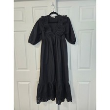 Mango MNG Black Eyelet Embroidered Ruffle V-Neck Puff Sleeve Maxi Dress XS 2