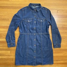 Frye Denim Shirt Dress Womens Large Blue Button Front Long Sleeve Seamed Pockets