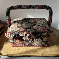 Vintage Fabric Sewing Box With Handle, Floral 10x7x5 Storage Black 