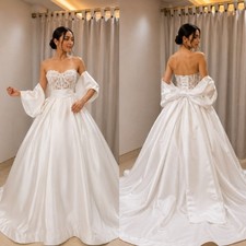 Satin Wedding Dresses with Big Bow Cape Strapless Sweep Train A Line Bridal Gown
