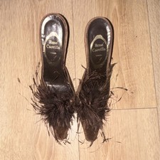 Rene Caovilla Brown Feather Embellished Slip On Women's Solid Pattern Heels