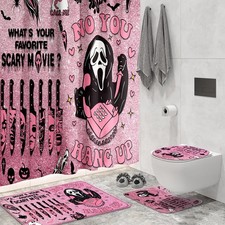 4 PCS Pink Horror Halloween Shower Curtain Set Rugs Mats Hooks Gothic Decor