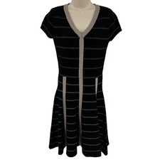 Gabby Skye Sweater Dress Medium Black Silver Fit Flare Short Sleeve Knit Casual