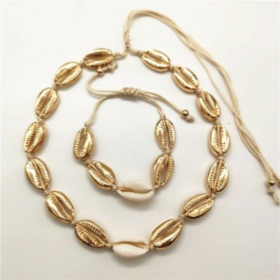 Summer- Natural Sea Shells Gold Choker Necklace and Bracelet Set of Jewelry 