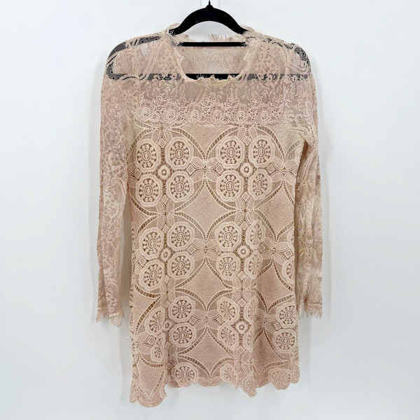 Sz Small Pink Beige Lace Mini Shift Dress Long Sleeve (F)