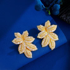Luxury Dubai Gold Plated Cubic Zircon Large Leaf Shaped Drop Earrings for Brides