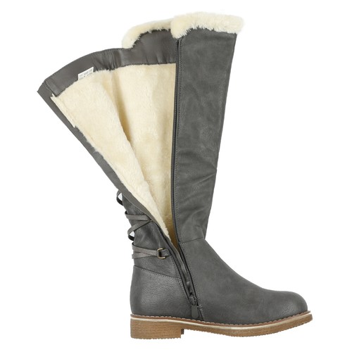 WOMENS KNEE HIGH FUR LINED LOW HEEL BIKER RIDING COMBAT WINTER BOOTS SHOES SIZE - Picture 7 of 7